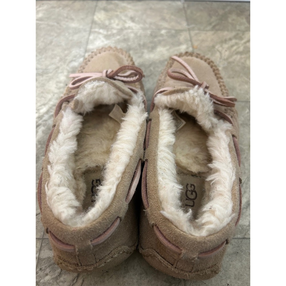 y2k UGG Australia Sheepskin Lined Moccasin Slippers Tan Pink Bow Size 5 - Picture 6 of 8